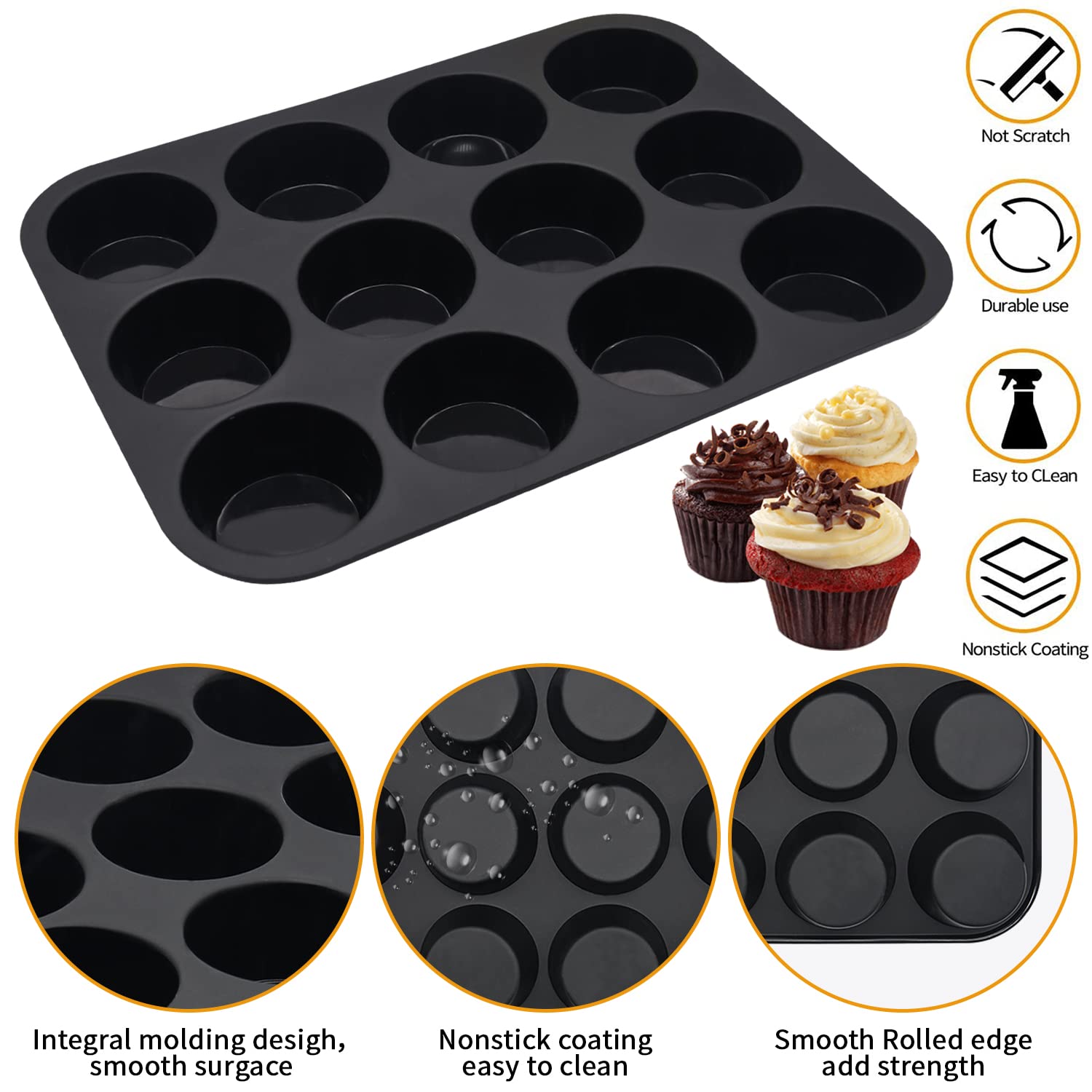 Bongpuda Silicone Muffin Pans Nonstick 12, Egg Bite Mold 2 Packs with Silicone Oil Brush - Cupcake Pan 12 Regular Size | Silicone Baking Sheet Brownie Trays for Oven, Bakeware, Cookies