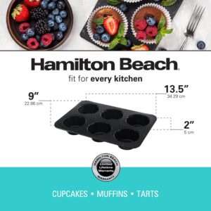 Hamilton Beach Carbon Steel Muffin Pan 6 Jumbo Cup | Non-Stick Coating, Perfect for Making Muffins or cupcake pan | Excellent Heat Conduction, Easy to Clean and Dishwasher Safe | 13.5x9inch, Black