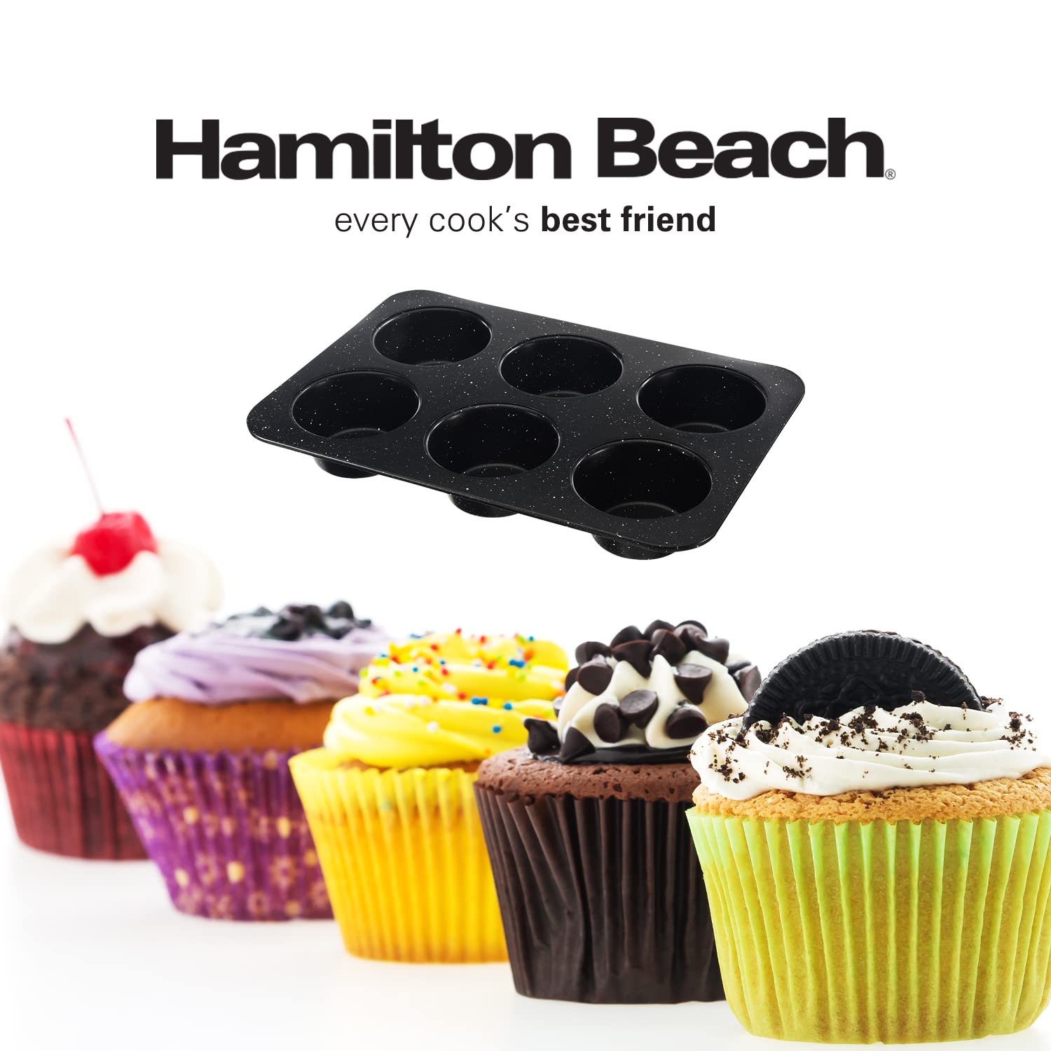 Hamilton Beach Carbon Steel Muffin Pan 6 Jumbo Cup | Non-Stick Coating, Perfect for Making Muffins or cupcake pan | Excellent Heat Conduction, Easy to Clean and Dishwasher Safe | 13.5x9inch, Black