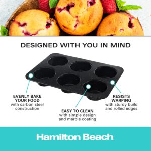 Hamilton Beach Carbon Steel Muffin Pan 6 Jumbo Cup | Non-Stick Coating, Perfect for Making Muffins or cupcake pan | Excellent Heat Conduction, Easy to Clean and Dishwasher Safe | 13.5x9inch, Black