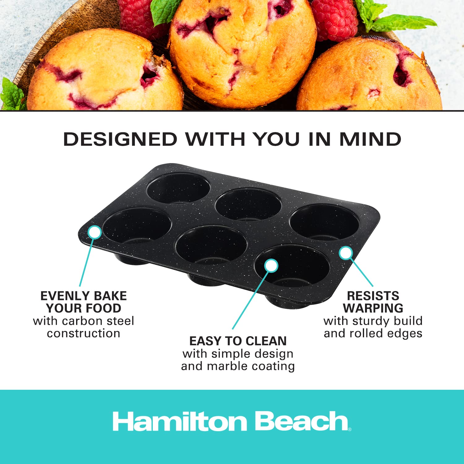 Hamilton Beach Carbon Steel Muffin Pan 6 Jumbo Cup | Non-Stick Coating, Perfect for Making Muffins or cupcake pan | Excellent Heat Conduction, Easy to Clean and Dishwasher Safe | 13.5x9inch, Black