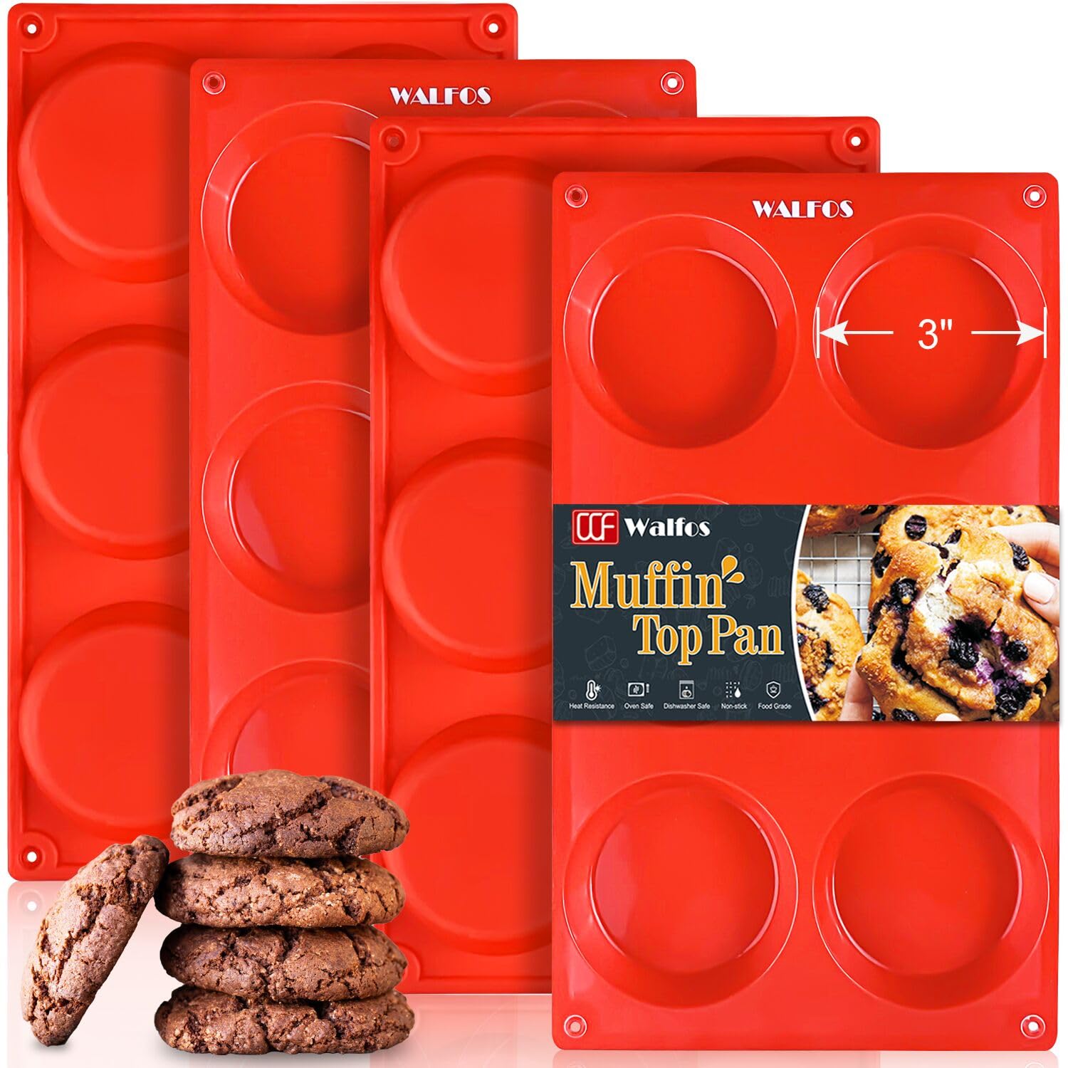 Walfos Silicone Whoopie Pie Baking Pans, Non-Stick Muffin Top Pan Set of 4. Food Grade and BPA Free Silicone,Perfect for Muffin, Eggs, Tarts and More, Dishwasher Safe