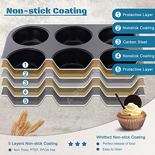 AmDONGKING Muffin Pan, Cupcake Pans, 6 Cup Premium Non-Stick Carbon Steel Kitchen Baking Quiche Pan, 10.4 X 7.1 Inches