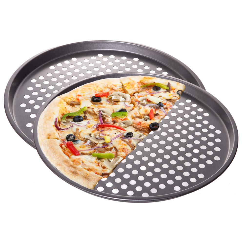 Red Co. 2 Pack 13 inch Round Non Stick Coated Carbon Steel Pizza Baking Pan Crisper with Holes