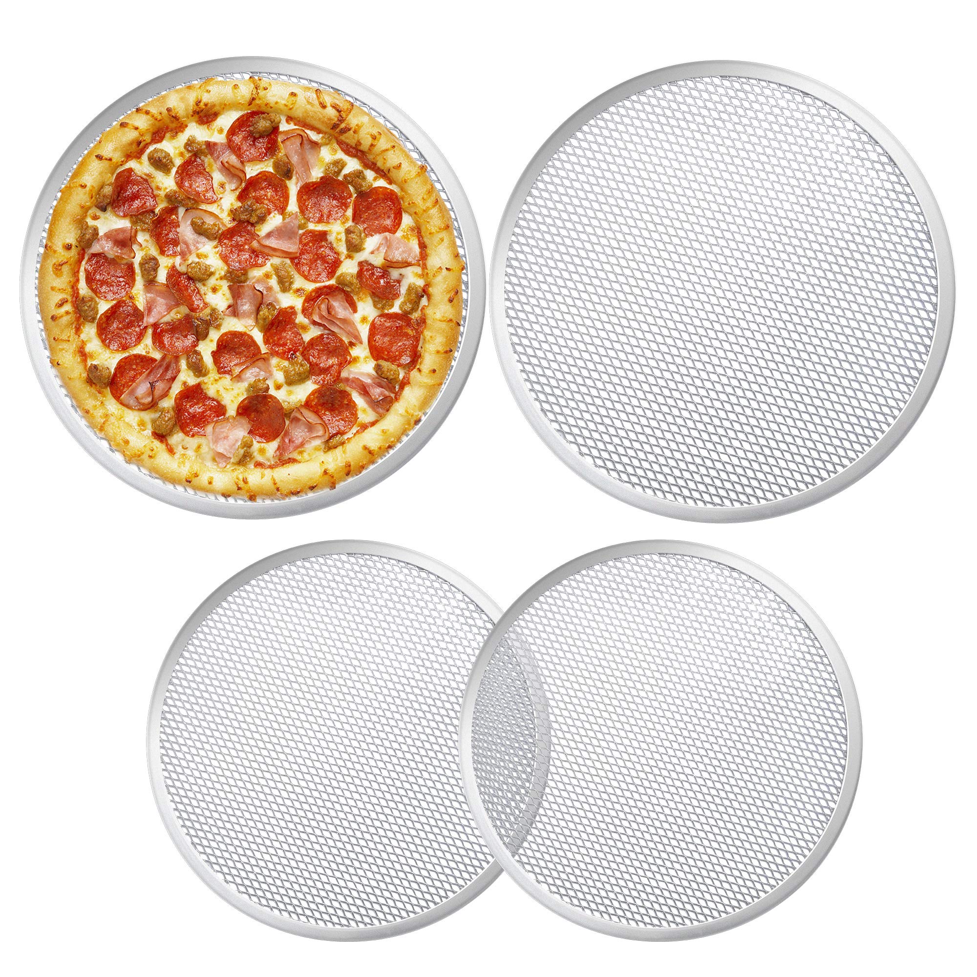 Milkary 4 Pieces Seamless Round Pizza Screen, 2 Pieces 12 inch Aluminum Mesh Pizza Screen and 2 Pieces 10 inch Pizza Mesh Baking Tray for Home Kitchen Restaurant Supplies