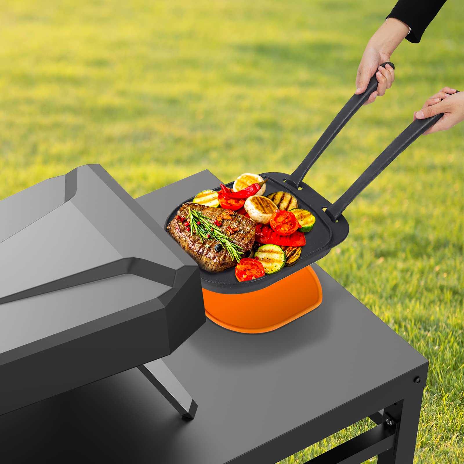 BBQ-PLUS Reversible Cast Iron Sizzler Plates, 13.7 Inch Lifting Handle, 12 Inch x 10.5 Inch, Black