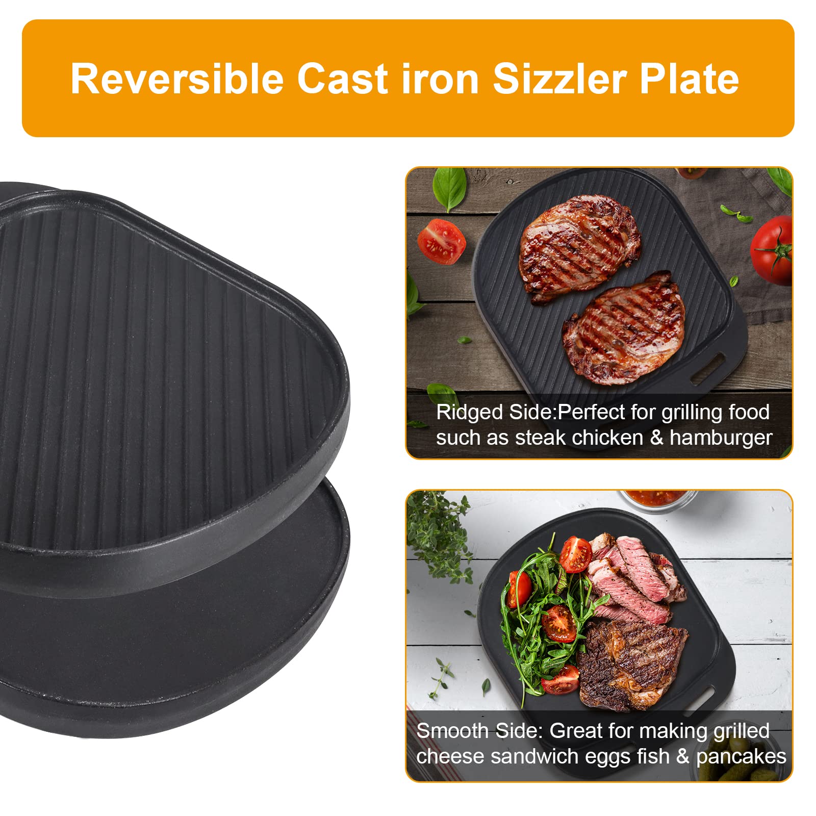 BBQ-PLUS Reversible Cast Iron Sizzler Plates, 13.7 Inch Lifting Handle, 12 Inch x 10.5 Inch, Black