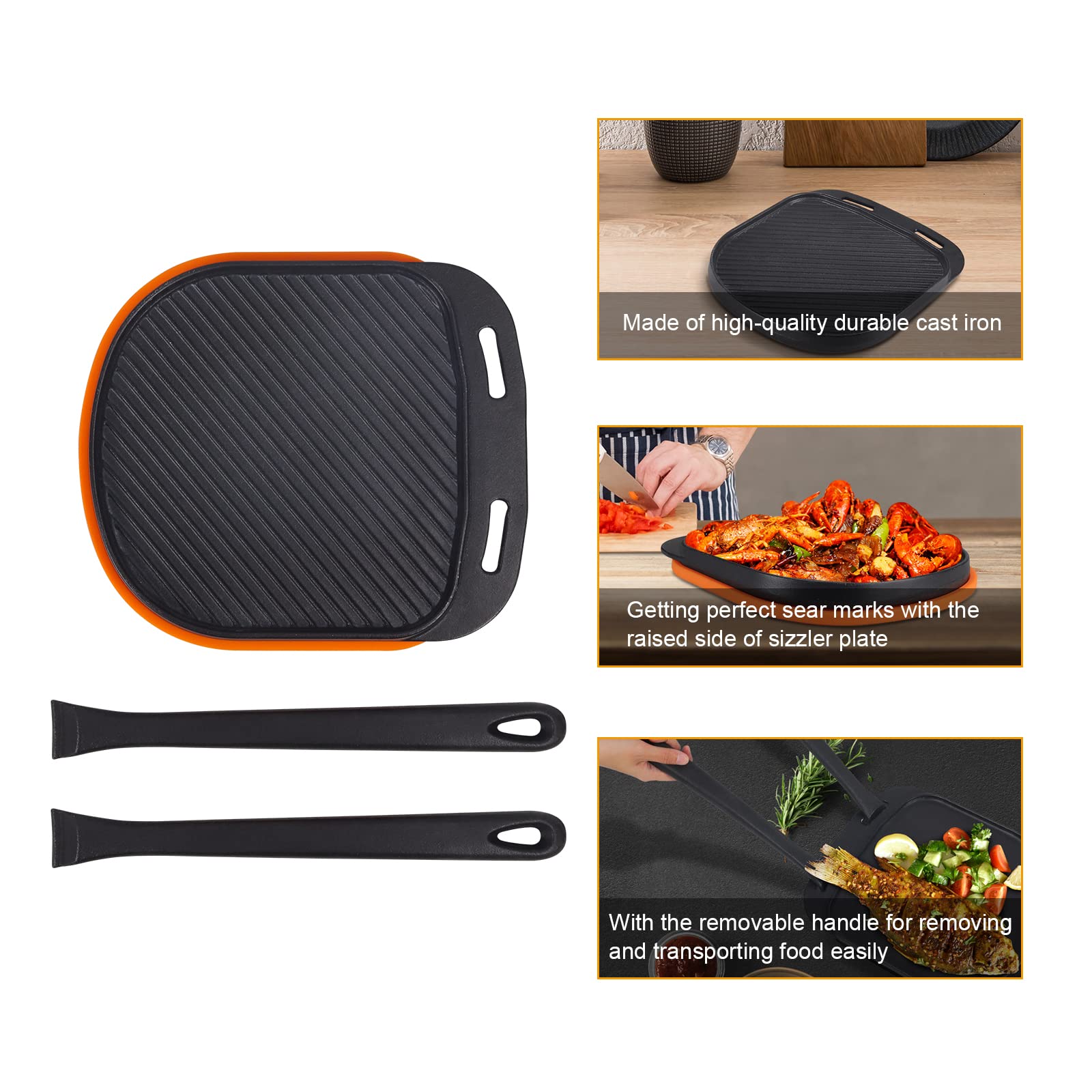 BBQ-PLUS Reversible Cast Iron Sizzler Plates, 13.7 Inch Lifting Handle, 12 Inch x 10.5 Inch, Black