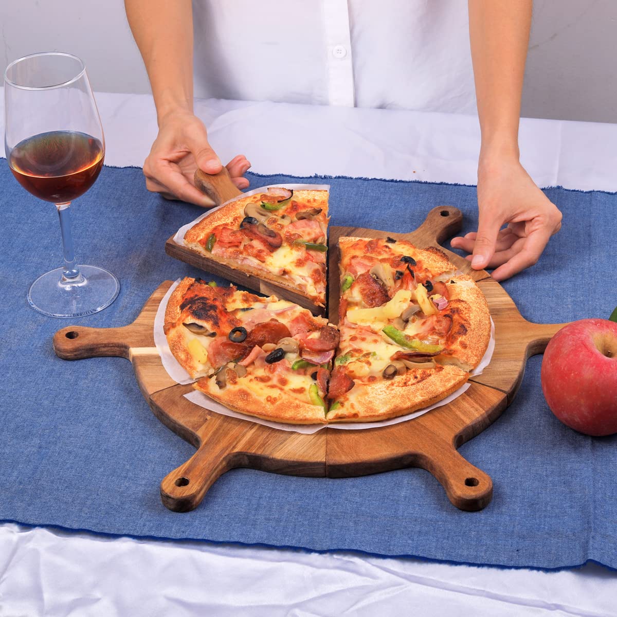 12 Inches Round Bamboo Pizza Plate Set, 6 pcs 6 Inches Bamboo Triangle Pizza Pie Plates, Round Dish Platter Stack-able Wooden Pizza Plate Bamboo Board Set