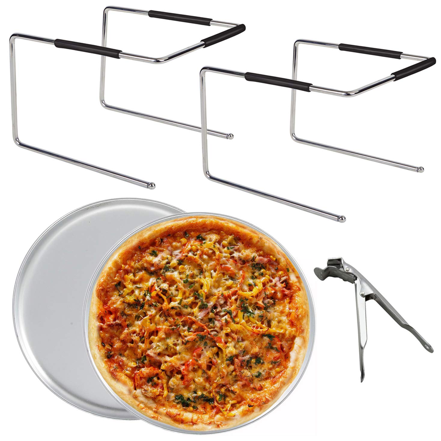 Tiger Chef Pizza Stand and Pizza Pan Set: Two Pizza Stands for Tables, Two 12 inch Pizza Pans and Pan Gripper