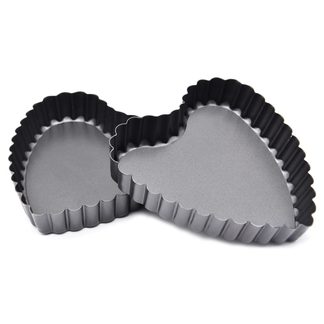 Hoshen 2 Pieces 4.5 Inch Movable Bottom Baking Pan Pizza Pan, Non-Stick Coating Movable Pan Mold, Chrysanthemum Pie Pan, Tart Pan Pizza Pan (Heart-Shaped, Black