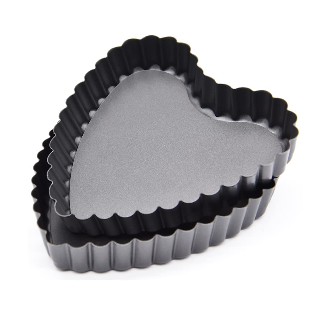 Hoshen 2 Pieces 4.5 Inch Movable Bottom Baking Pan Pizza Pan, Non-Stick Coating Movable Pan Mold, Chrysanthemum Pie Pan, Tart Pan Pizza Pan (Heart-Shaped, Black