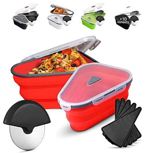 ROSER STUDIO 2 Silicone Pizza Storage Container Collapsible & Pizza Cutter - Reusable & Expandable Pizza Container & 10 Microwavable Lids Serving Tray - Foldable Pizza leftover Box (2 RED)