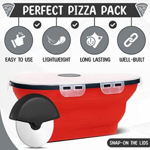 ROSER STUDIO 2 Silicone Pizza Storage Container Collapsible & Pizza Cutter - Reusable & Expandable Pizza Container & 10 Microwavable Lids Serving Tray - Foldable Pizza leftover Box (2 RED)