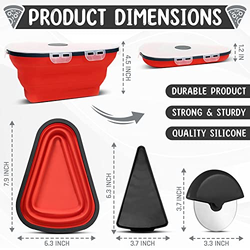 ROSER STUDIO 2 Silicone Pizza Storage Container Collapsible & Pizza Cutter - Reusable & Expandable Pizza Container & 10 Microwavable Lids Serving Tray - Foldable Pizza leftover Box (2 RED)