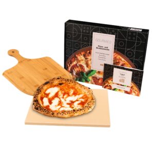 gourmeo pizza stone pan and wooden pizza paddle - 15x11.8x0.6 inch - cordiete bread beaking stone w/pizza peel - suitable for oven & grill
