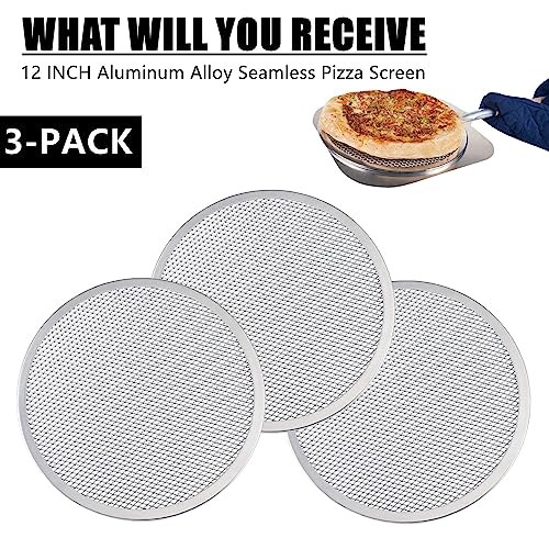 RHBLME 3 Pack Aluminum Alloy Pizza Baking Screen, 12 Inch Pizza Screen Restaurant-Grade Baking Screen for Oven, Round Pizza Crisper Tray Pizza Baking Tray for Home Kitchen, BBQ, Seamless