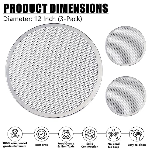 RHBLME 3 Pack Aluminum Alloy Pizza Baking Screen, 12 Inch Pizza Screen Restaurant-Grade Baking Screen for Oven, Round Pizza Crisper Tray Pizza Baking Tray for Home Kitchen, BBQ, Seamless