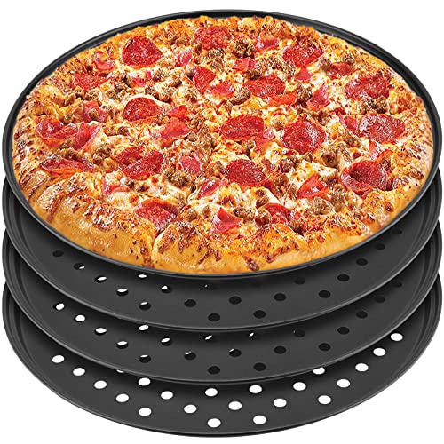 MANCHAP 4 Pack 12 Inch Round Pizza Baking Pan with Holes, Pizza Pan for Oven, Carbon Steel Non-stick Pizza Crisper Pan for Home Restaurant Baking, Black