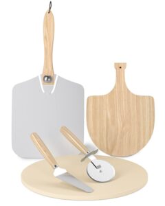 shinestar 5 piece pizza making kit, 12" round baking stone, wooden & metal pizza peel, cutter & server included, pizza stone set for grill, oven