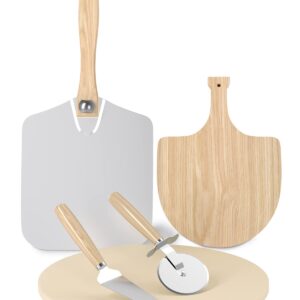 SHINESTAR 5 Piece Pizza Making Kit, 12" Round Baking Stone, Wooden & Metal Pizza Peel, Cutter & Server Included, Pizza Stone Set for Grill, Oven