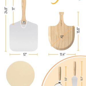 SHINESTAR 5 Piece Pizza Making Kit, 12" Round Baking Stone, Wooden & Metal Pizza Peel, Cutter & Server Included, Pizza Stone Set for Grill, Oven