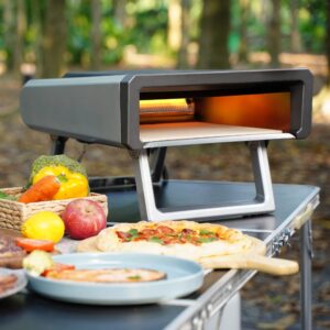 infood propane pizza oven, silver pizza oven outdoor, portable gas ovens, outdoor kitchen, accessories with pizza stone, pizza cutter, storage bag, for picnic, bbq and party