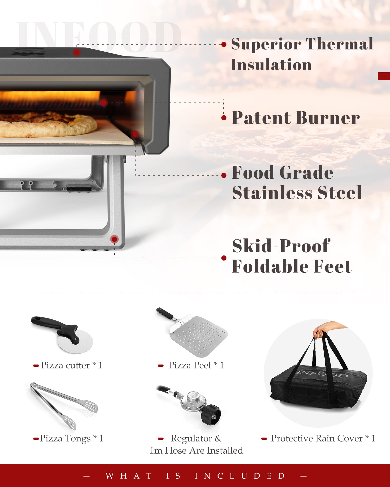 INFOOD Propane Pizza Oven, Silver Pizza Oven Outdoor, Portable Gas Ovens, Outdoor Kitchen, Accessories with Pizza Stone, Pizza Cutter, Storage Bag, for Picnic, BBQ and Party