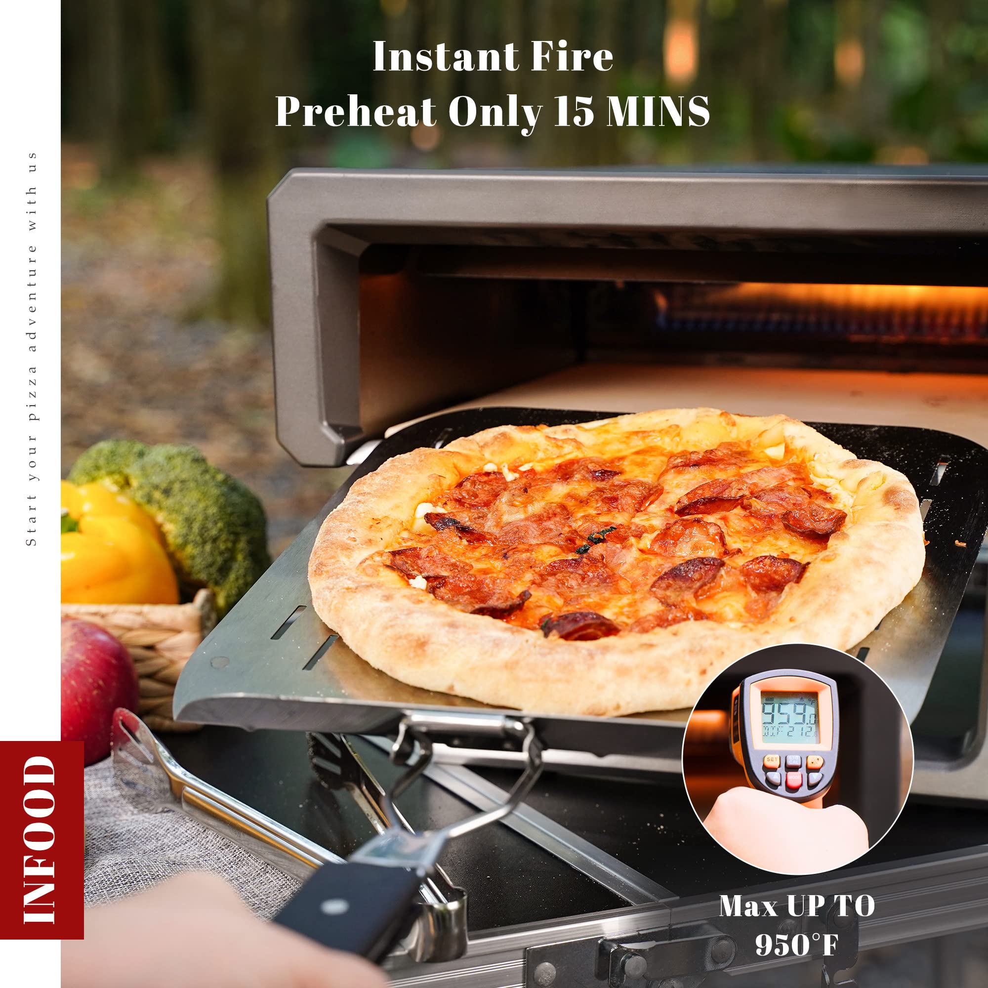 INFOOD Propane Pizza Oven, Silver Pizza Oven Outdoor, Portable Gas Ovens, Outdoor Kitchen, Accessories with Pizza Stone, Pizza Cutter, Storage Bag, for Picnic, BBQ and Party