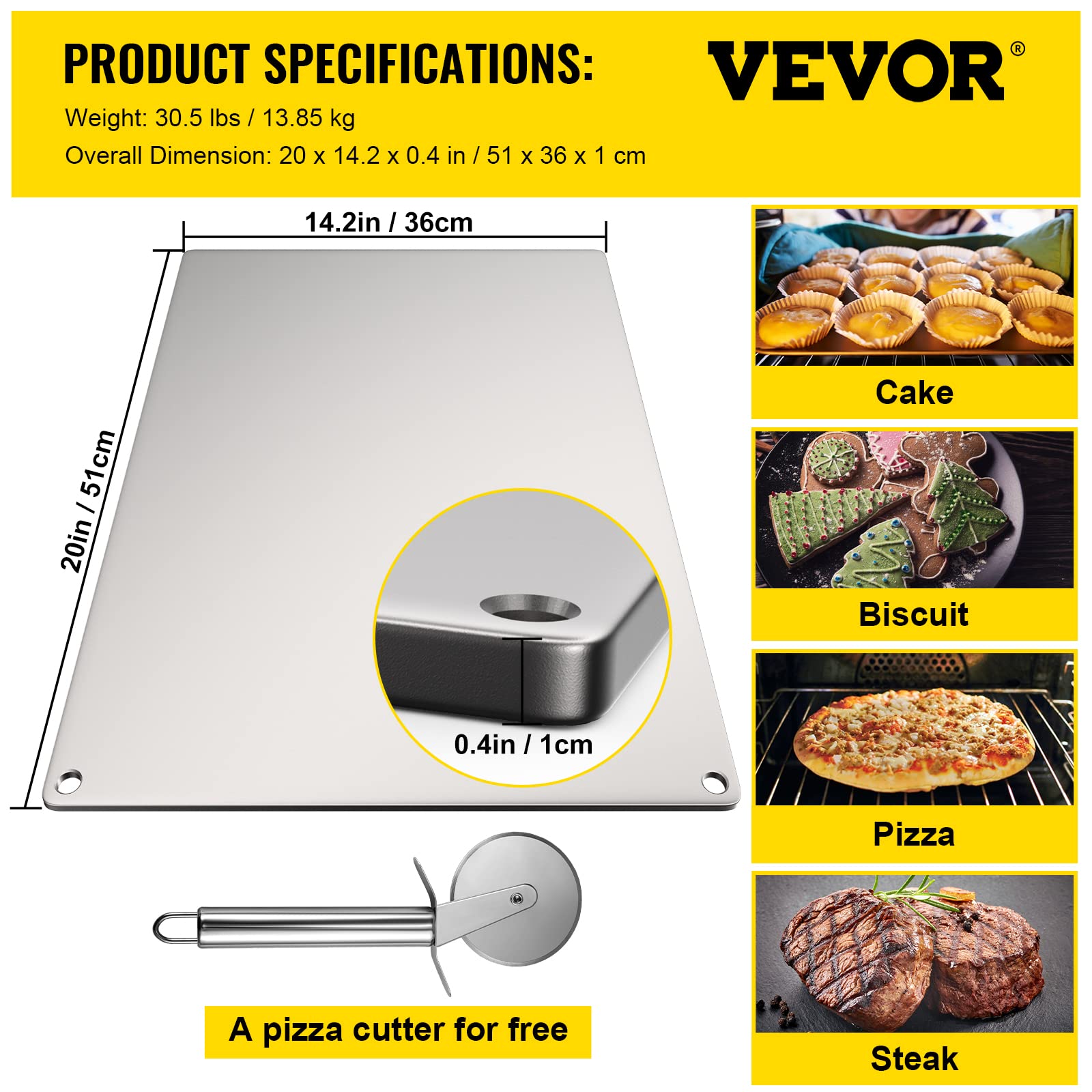 VEVOR Baking Steel Pizza, Rectangle Steel Pizza Stone, 14" x 20" Steel Pizza Plate, 0.4"Thick Steel Pizza Pan, High-Performance Pizza Steel for Oven, Baking Surface for Oven Cooking and Baking