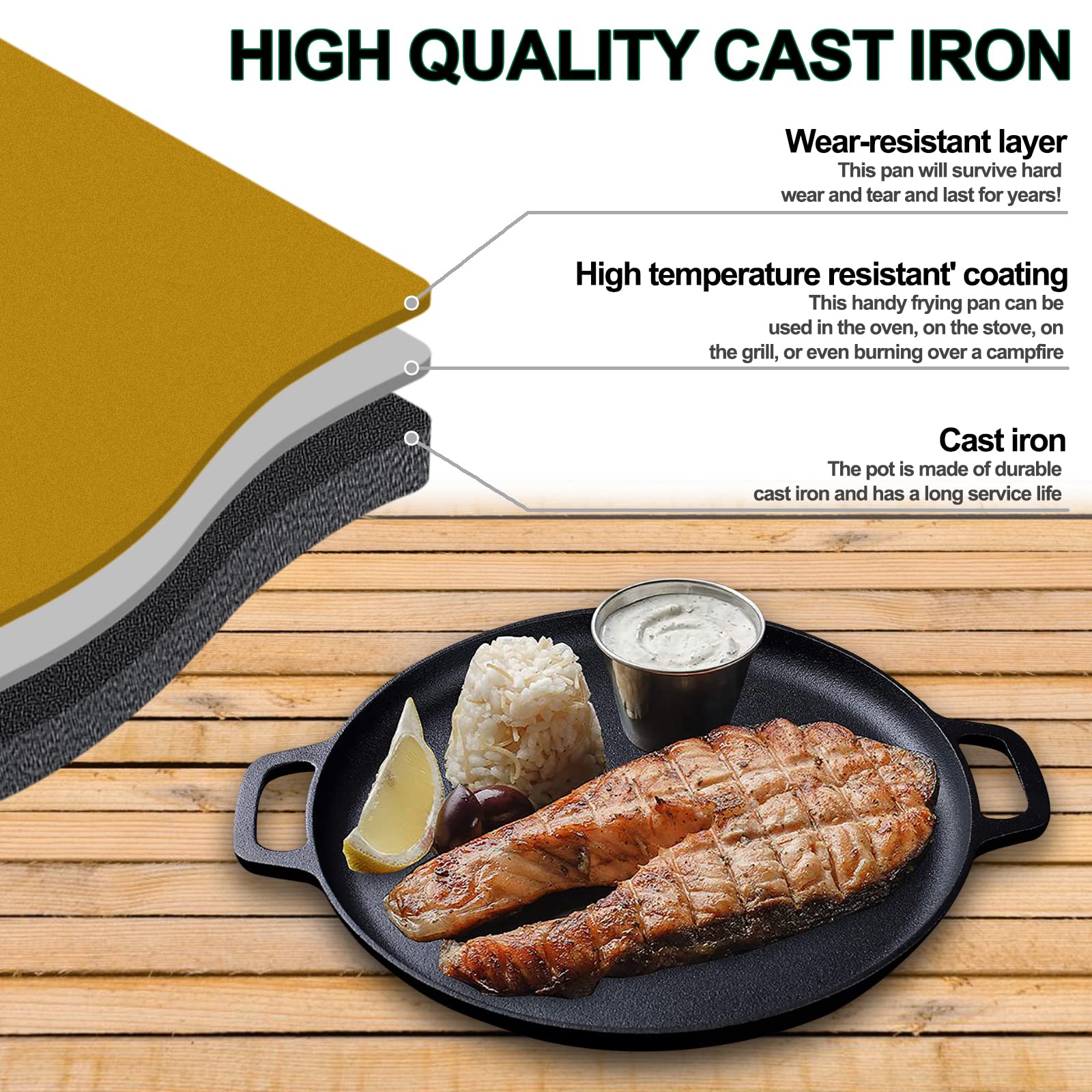 KAVSI Cast Iron Pan, Pizza Pan with Dual Handle, Baking Pan, Cast Iron Skillets for Cooktop, Oven, BBQ-12 Inch Pizza Cooker with 7 Pcs Accessories