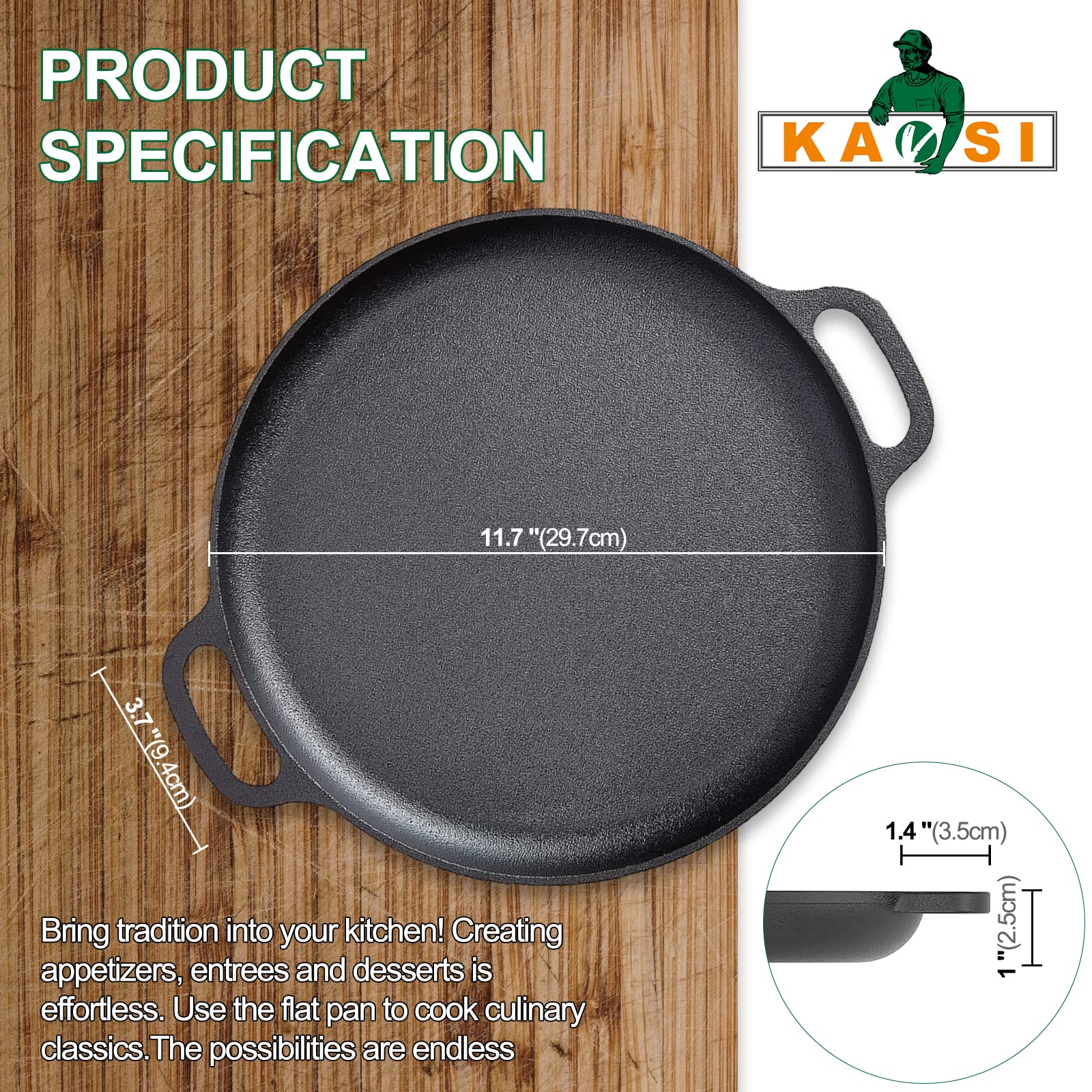 KAVSI Cast Iron Pan, Pizza Pan with Dual Handle, Baking Pan, Cast Iron Skillets for Cooktop, Oven, BBQ-12 Inch Pizza Cooker with 7 Pcs Accessories