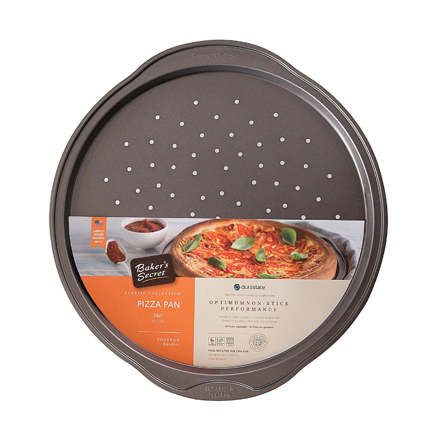 Baker's Secret Non stick Pizza Pan for Oven 14", Carbon Steel Pizza Baking Pan, Non-stick Bakeware Food-Grade Coating For Easy Release Dishwasher Safe Oven Baking Supplies - Classic Collection