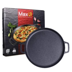 max k 14-inch pizza pan with handles - preseasoned cast iron cooking pan for baking, roasting, frying - black