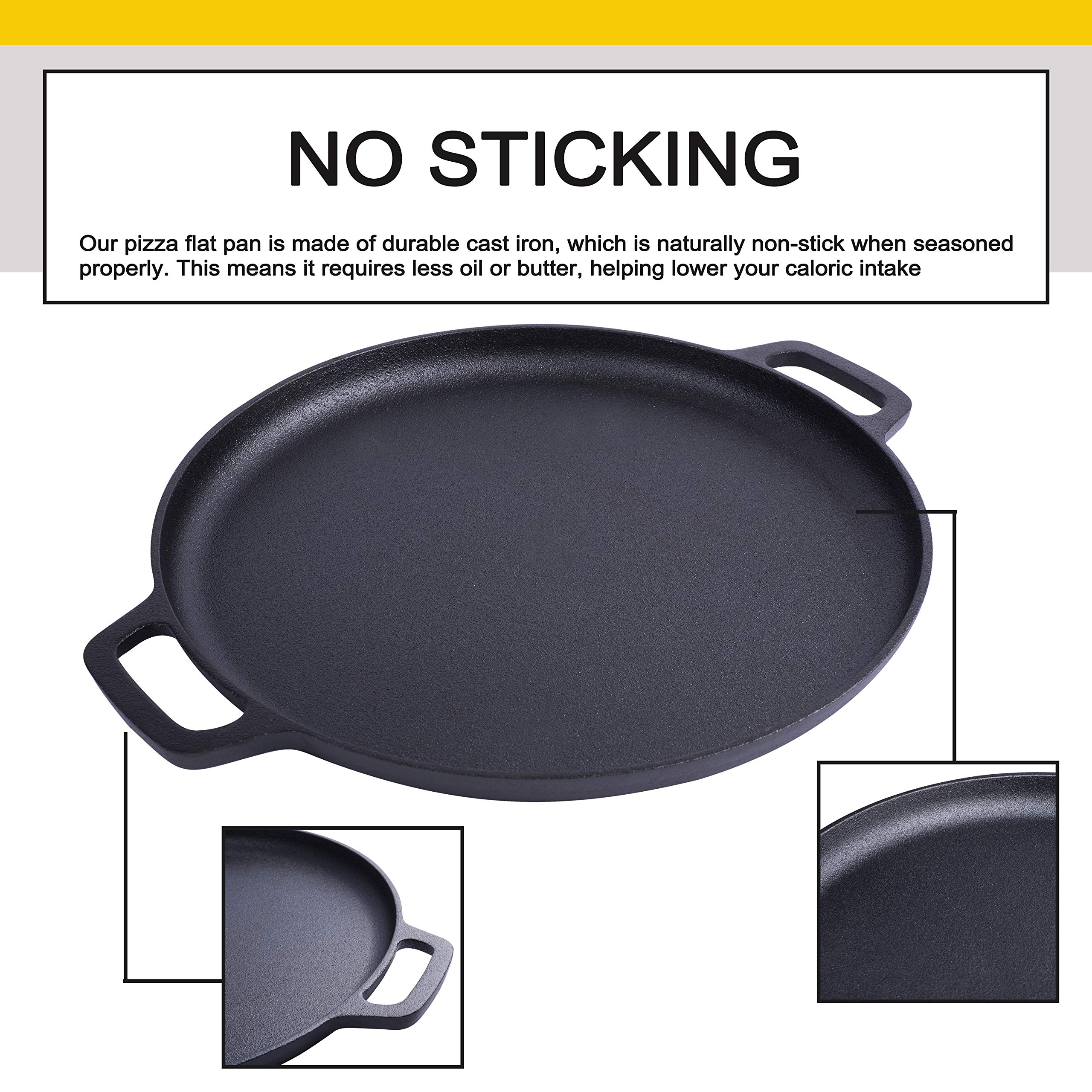 Max K 14-Inch Pizza Pan with Handles - Preseasoned Cast Iron Cooking Pan for Baking, Roasting, Frying - Black