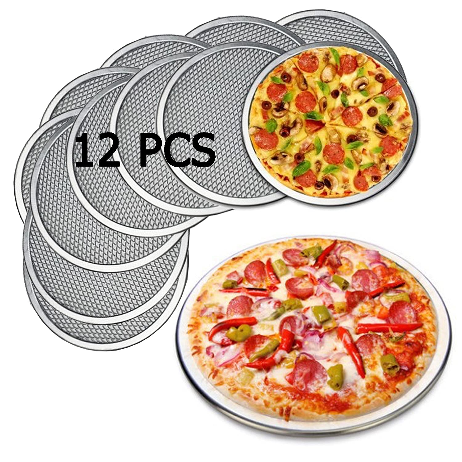 12 Packs Aluminum Alloy Pizza Pan with Holes, 15 Inch Commercial Grade Baking Screen for Oven Round Pizza Tray Pizza Crisper Pan Pizza Baking Tray Bakware for Restaurant Kitchen, Seamless(12,15)