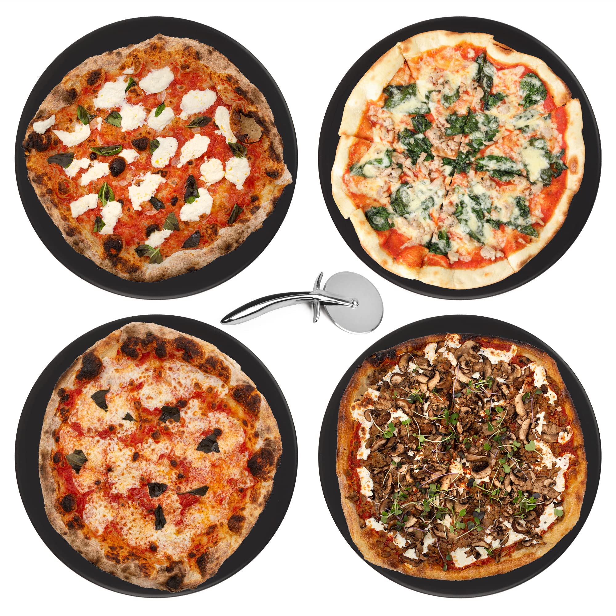 4-Pack Ceramic Pizza Stones - Make Restaurant-Quality Pizza Right at Home - Easy to Use - Durable up to 500℉ - 100% Black Cordierite - 11.75” Diameter