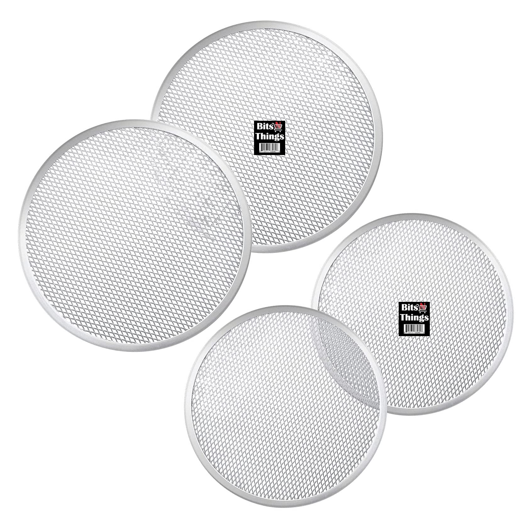 Bits N Things Pizza Screen 12 inch + 10 inch Seamless Round, 4 Pack Aluminum Mesh Pizza Screen (2 each size), Baking Tray for Home Kitchen Restaurant