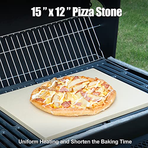 SHINESTAR Rectangular Pizza Stone and Peel Set - 15"x12" Baking Stone, Metal & Wood Pizza Peel, Pizza Grilling Stone Kit for Oven, Grill, Bread and BBQ (5PCS)