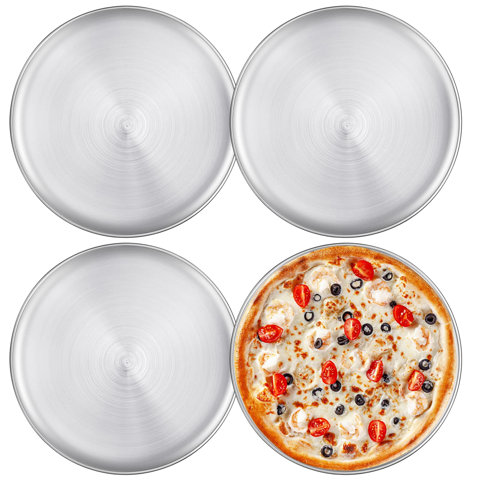 Worldity Pizza Serving Tray, 12 Inch Stainless Steel Pizza Pan, Food Grade Safe Pizza Pans, Round Pizza Tray for Oven, Pizza Plate for Pie, Cookie, Dishwasher Safe(4 Pack)