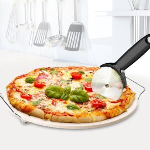 Chef's Star 15 Inch Ceramic Pizza Stone for Oven, Outdoor and Indoor Chrome Plated Serving Rack Pizza Pan with Pizza Cutter