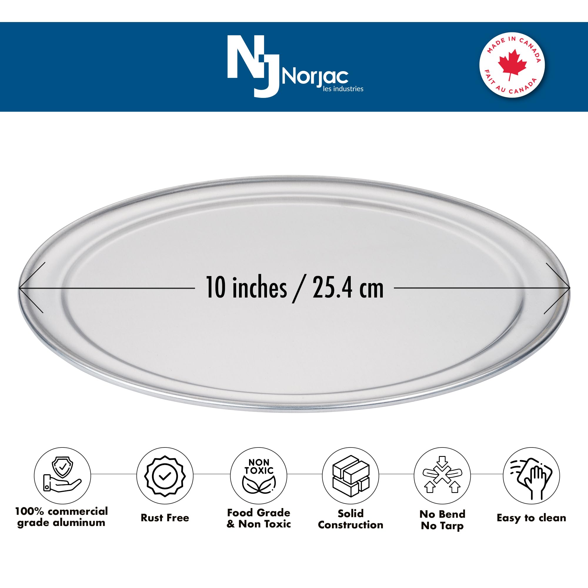 Norjac Wide-Rim Pizza Pan, 10 Inch, 6 Pack, Restaurant-Grade, 100% Solid Aluminum, Baking Pan, Oven-Safe, Rust-Free.