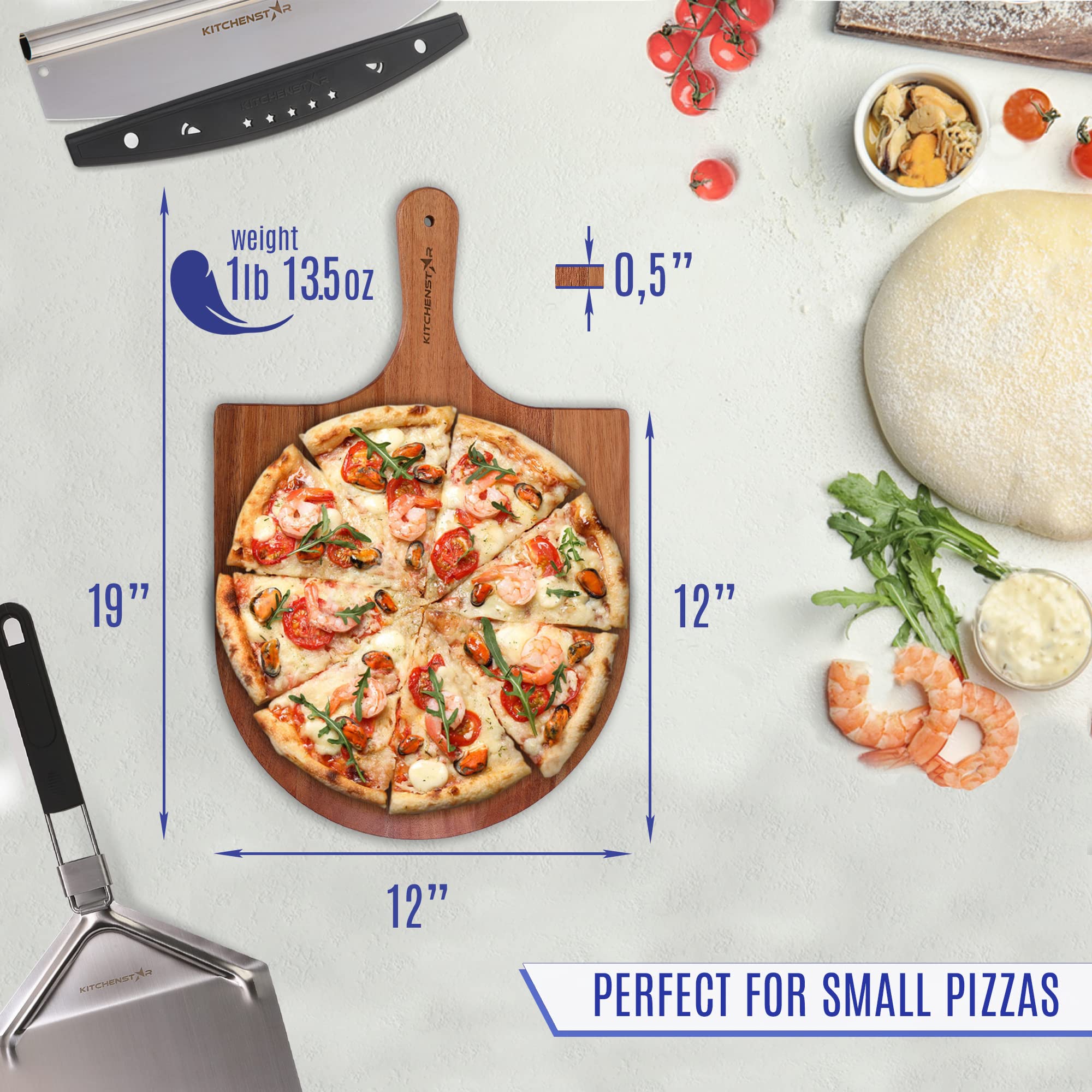 KitchenStar Pizza Stone for Oven and Grill 12 inch + Acacia Wood Pizza Peel 12" - Pizza Making Set Bundle - Premium Pizza Oven Accessories and Tools