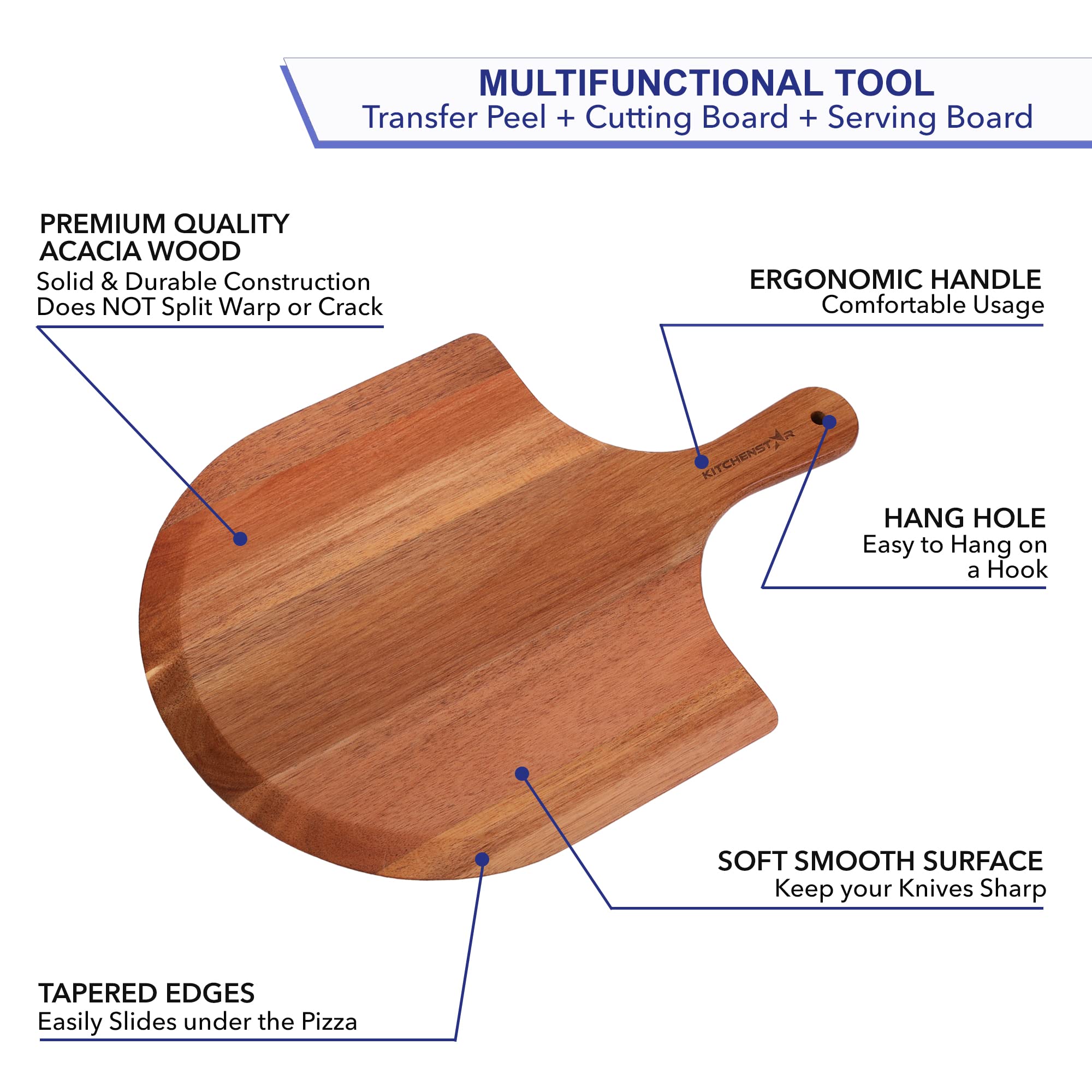 KitchenStar Pizza Stone for Oven and Grill 12 inch + Acacia Wood Pizza Peel 12" - Pizza Making Set Bundle - Premium Pizza Oven Accessories and Tools