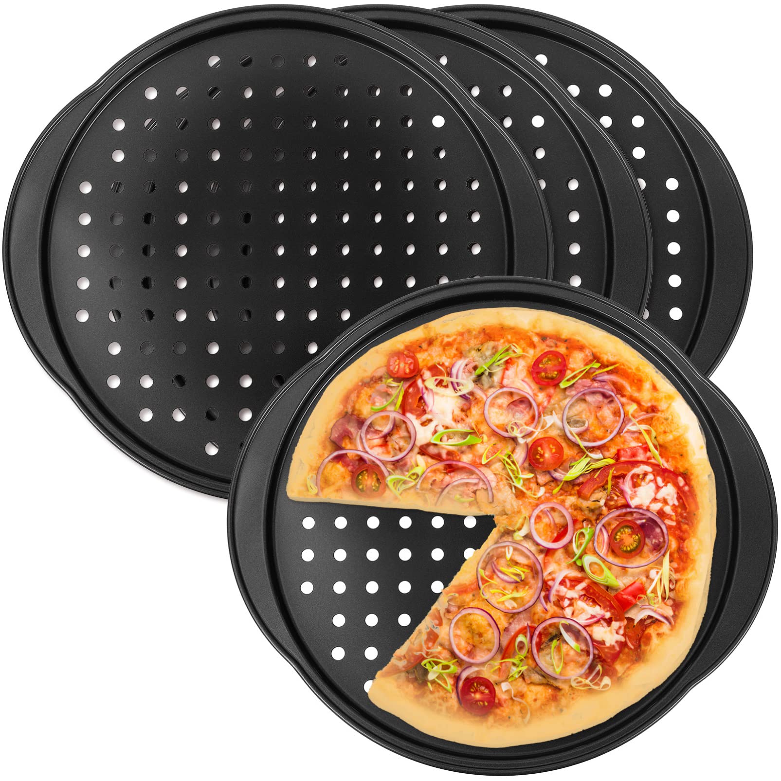 Hemoton Non-Stick Pizza Pan with Holes, 4 Pcs Baking Steel Pizza Pan with Holes, Round Pizza Pan for Oven, Bakeware Pizza Tray, Nonstick Crisper Pizza Pan Set (12.5 Inch/32cm)