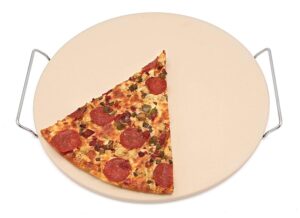 homeworks large unglazed ceramic pizza stone | includes metal oven to table rack, large 15 inch round baking stone, for crispy crust pizza, artisan breads, cookies and more