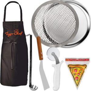tiger chef 8" pizza making kit. pizza pro set includes kitchen tools to create your own homemade pizza. 8" pizza pan, 8" pizza screen, pizza wheel, server, ladle, apron & 12 pizza saver bags