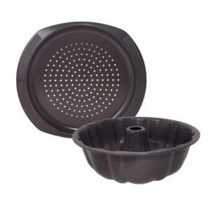 saveur selects pizza and fluted tube pan bakeware set, non-stick, warp-resistant carbon steel, dishwasher safe, artisan series