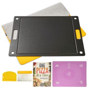 Pizza Steel for Oven, High Performance Steel Pizza Stone with Pizza Recipe book, Felt Storage Bag, Pastry Baking Mat, 2-in-1 Bench Scraper Tool, Crispy Pizza in Just 2-4 Min (five pieces pizza steel)