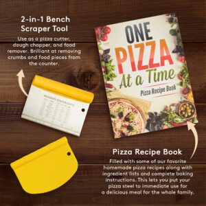 Pizza Steel for Oven, High Performance Steel Pizza Stone with Pizza Recipe book, Felt Storage Bag, Pastry Baking Mat, 2-in-1 Bench Scraper Tool, Crispy Pizza in Just 2-4 Min (five pieces pizza steel)